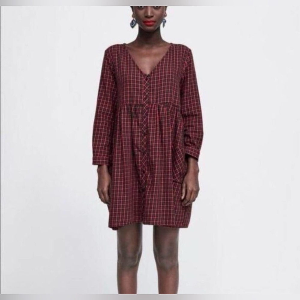 Zara Red Green Plaid Button Front Oversized Babydoll V-Neck Mini Dress - Large